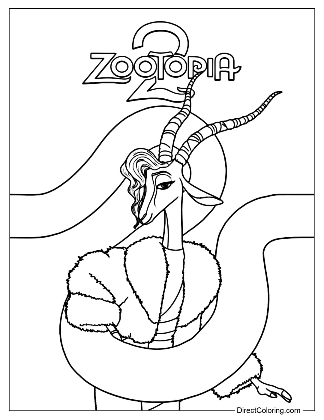 Gazelle coloring page with a graceful appearance, soft wavy hair, and charming curved horns.