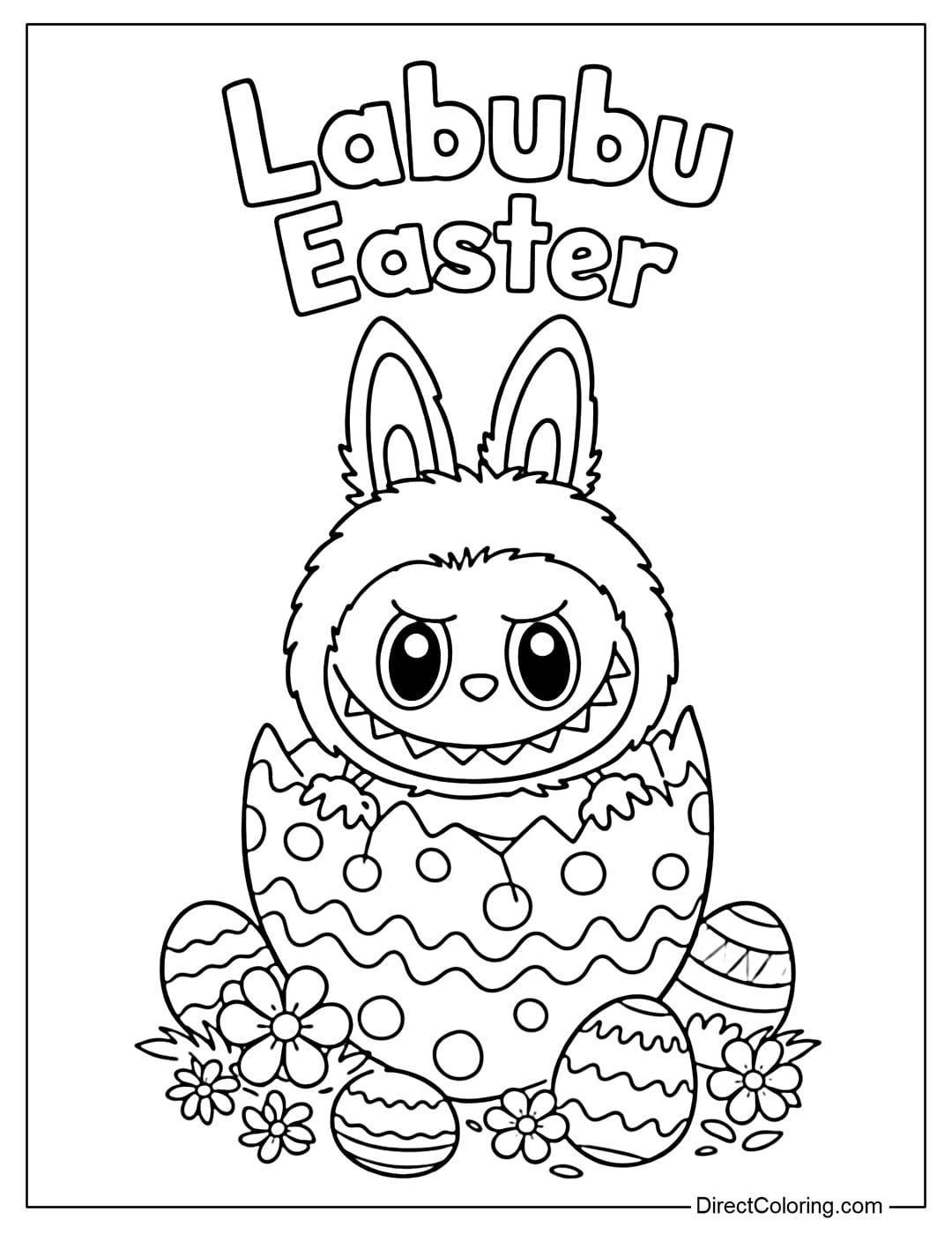 A coloring page featuring Labubu emerging from a large, cracked Easter egg, surrounded by smaller eggs and flowers, with the words 