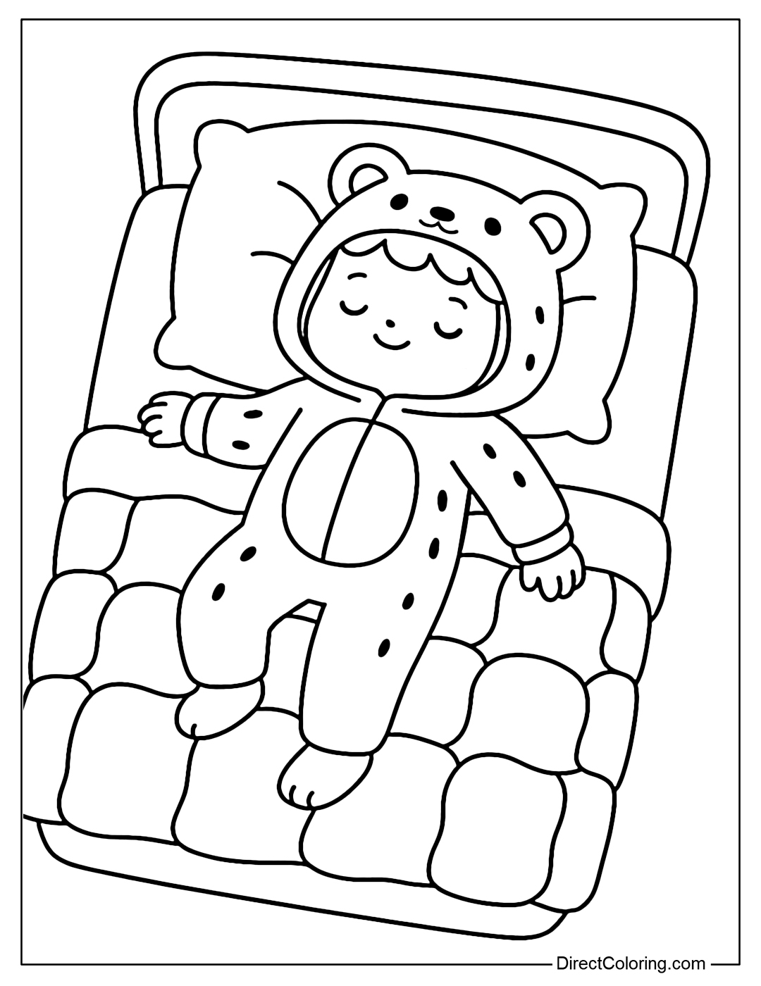 Coloring page of a little boy wearing cute animal pajamas, lying on a bed with a soft blanket and pillow.