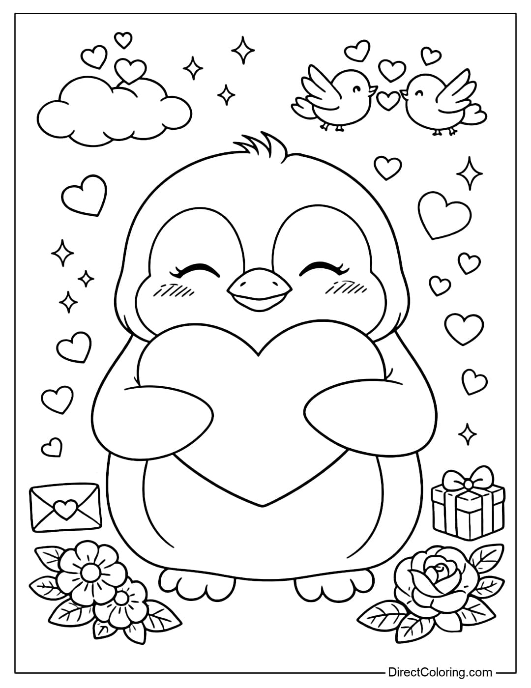 A coloring page featuring a penguin holding a large heart in front of its chest, with symbols related to love and Valentine's Day.