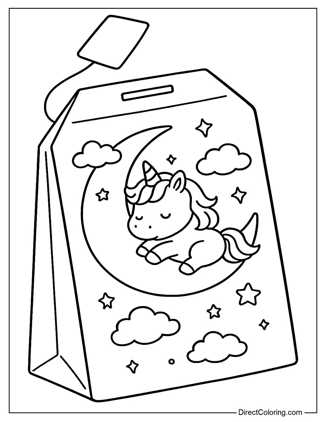 A tea bag coloring page featuring a unicorn sleeping on a crescent moon, surrounded by drifting clouds and falling stars.