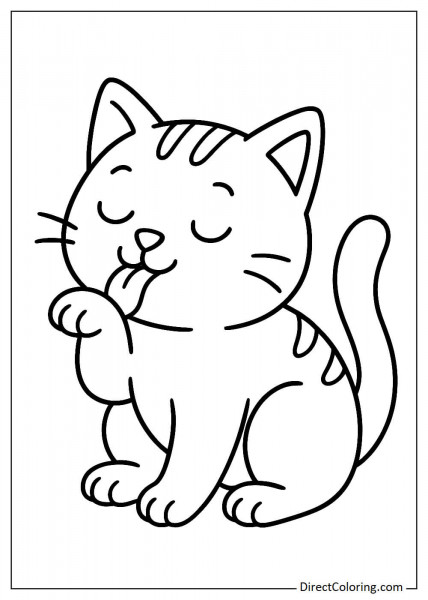 Cat licking fur with tongue coloring page