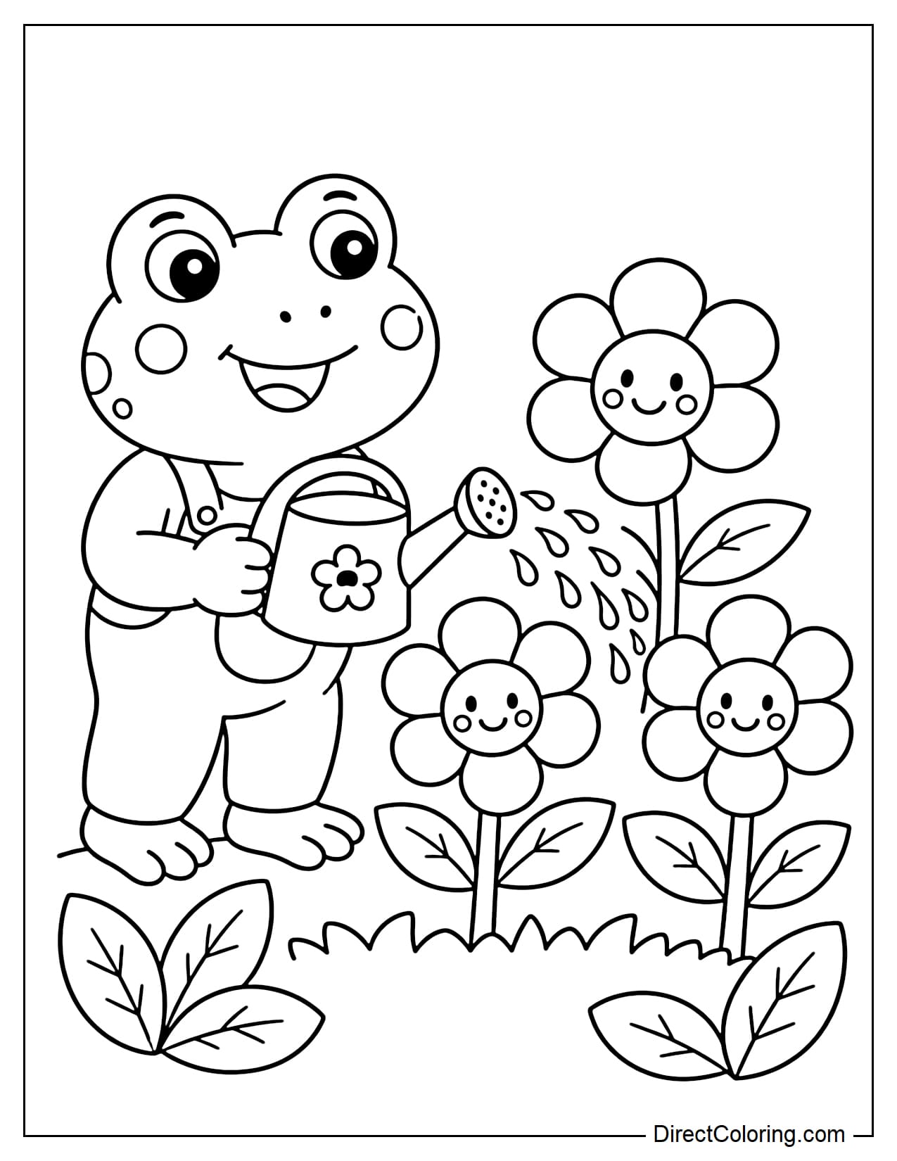 A frog is holding a watering can and tending to three large flowers in a small garden, with some leaves and grass underneath.