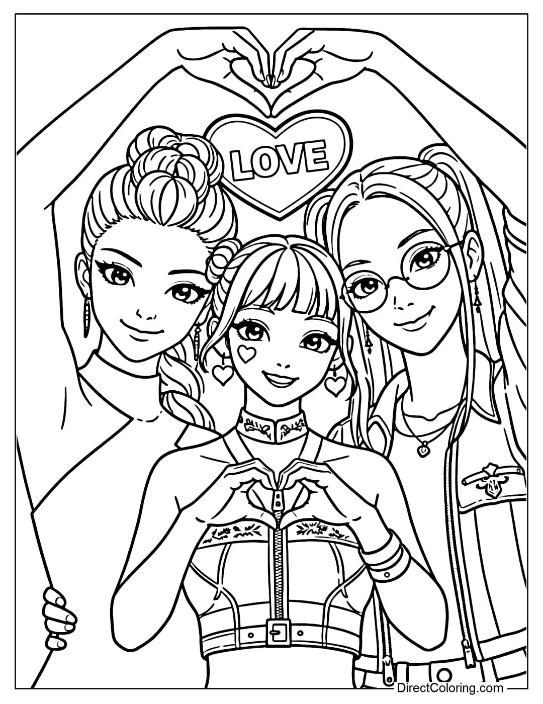 Kpop Demon Hunters coloring page featuring Rumi, Zoey, and Mira making a heart shape with their hands, smiling brightly, with a Valentine's Day theme.