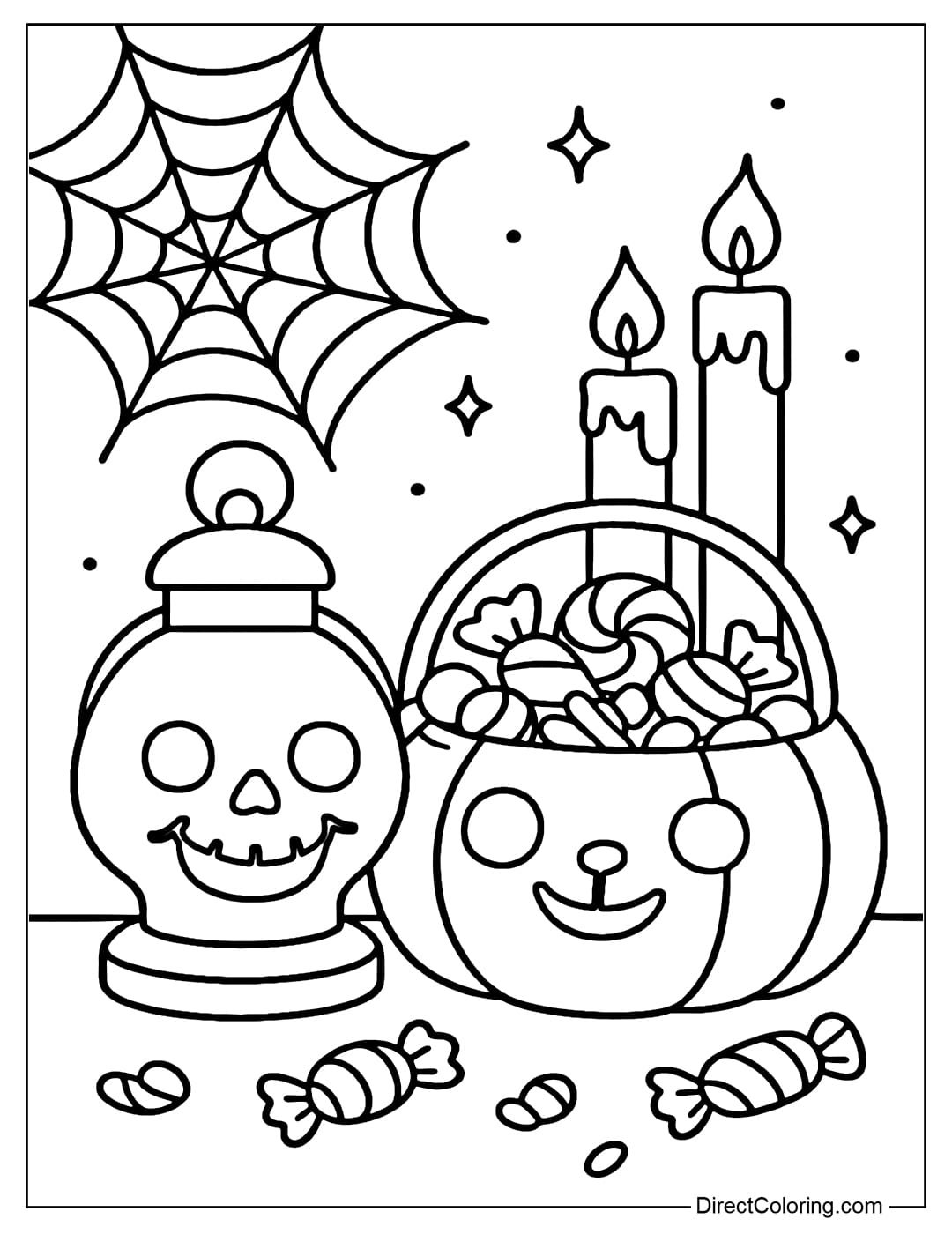 A coloring page of a skull lantern with a friendly smiley face, placed next to a basket full of candy.