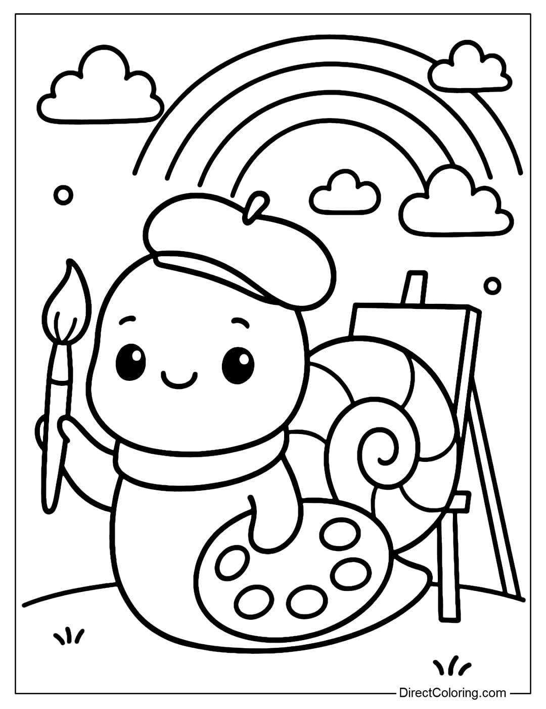 Coloring page of a snail wearing a painter's hat, holding a paintbrush in his hand, behind him is a palette and an easel, in the background is a rainbow and a few clouds.