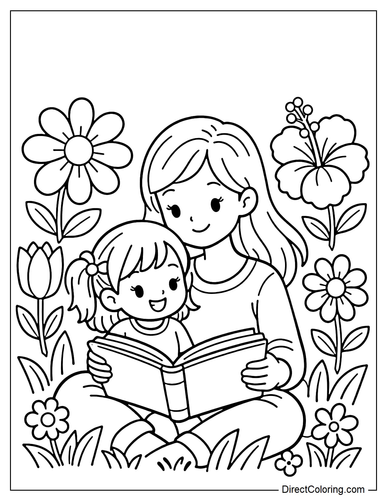A mother and daughter are sitting and reading together, surrounded by a few large flowers and simple grass.