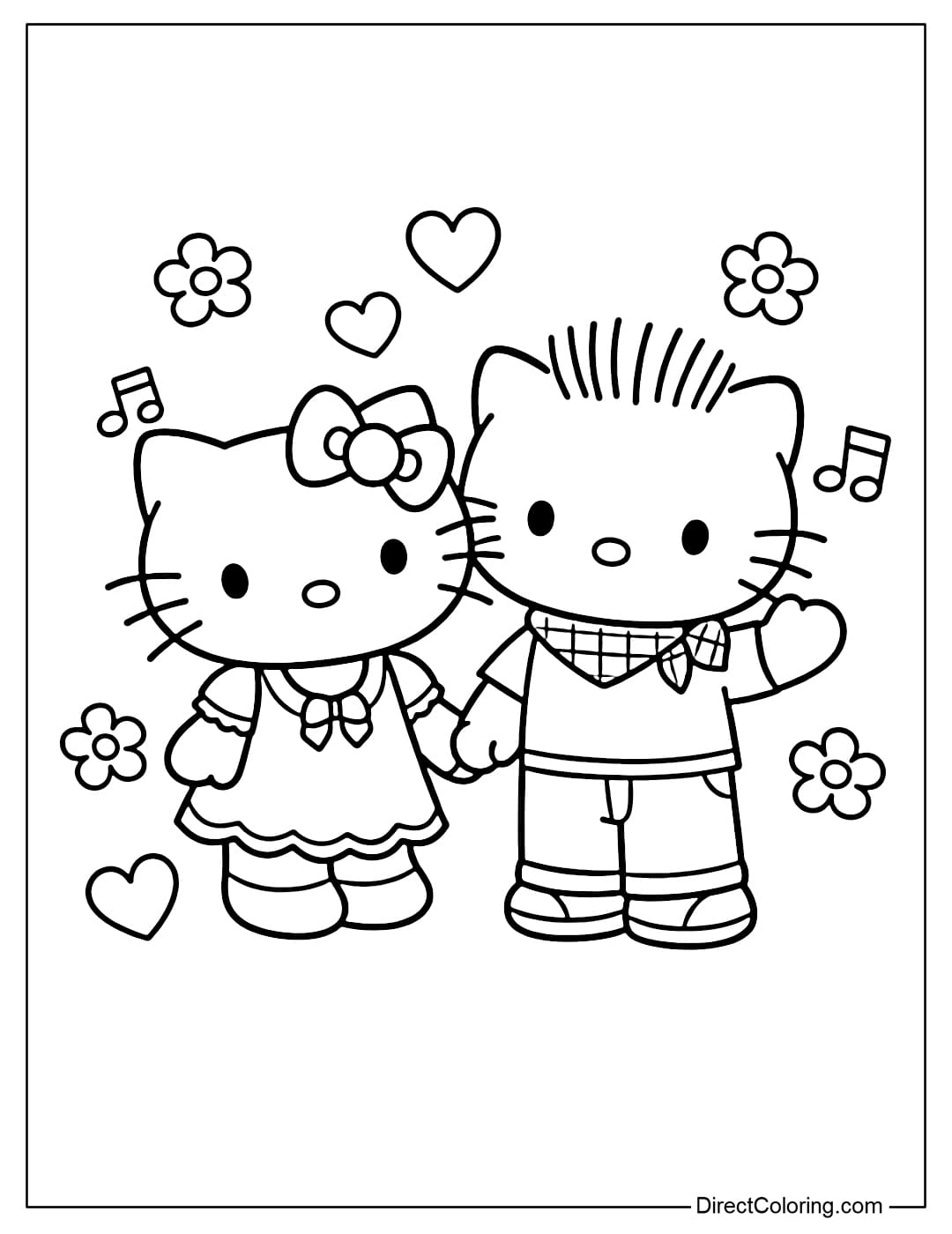 Hello Kitty and Dear Daniel stand happily together, surrounded by hearts and small flowers.