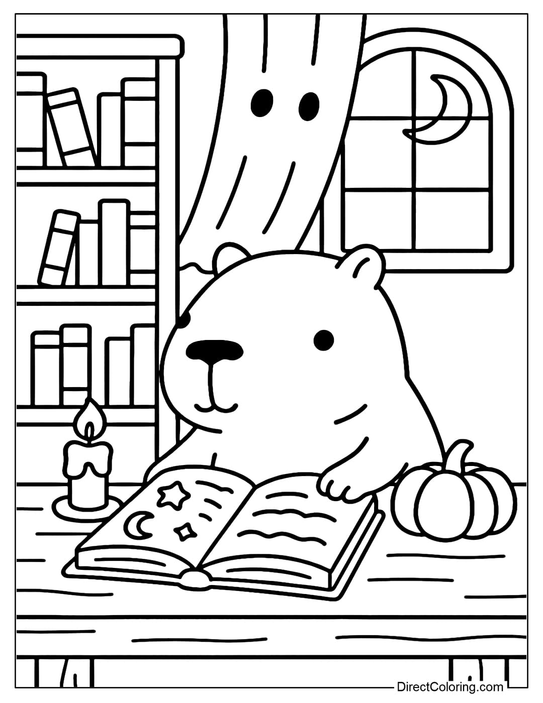 A coloring page of a capybara sitting at a table reading an old book of spells, next to a candle and a small pumpkin. The room is warm, with a bookshelf and a ghost curtain.