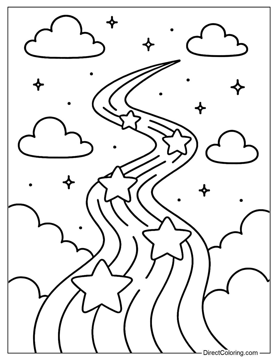 Coloring page of a path paved with shining shooting stars.