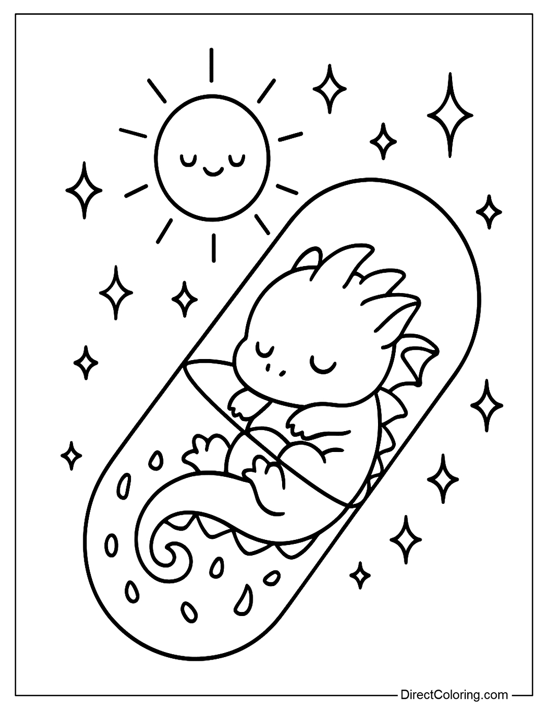 Coloring page of a capsule with a sleeping little dragon curled up in a capsule, surrounded by a sun and sparkling light symbol
