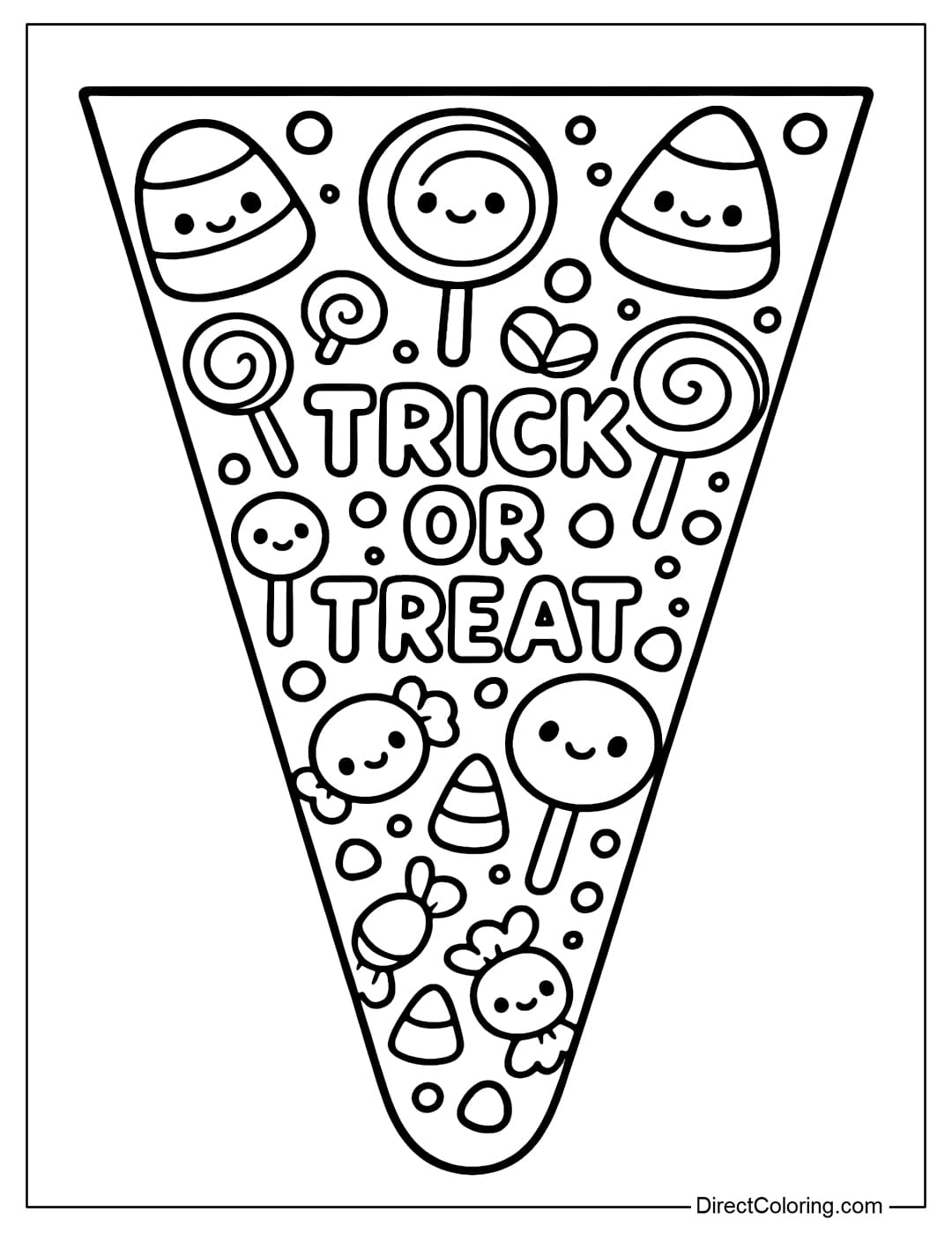 A small square Halloween flag coloring page, covered with candy, with the words 