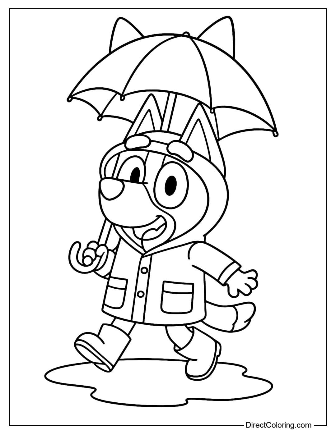 Bluey color page wears a raincoat, holds a cat-eared umbrella and wears red boots, there is a big puddle.