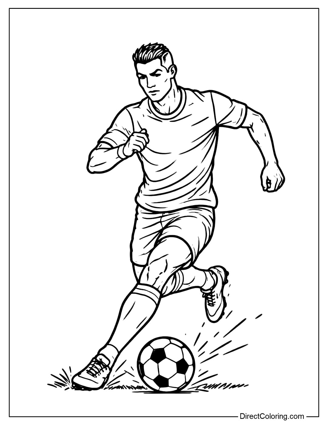 Coloring page of Cristiano Ronaldo running on the grass, in a sporty and neat pose.
