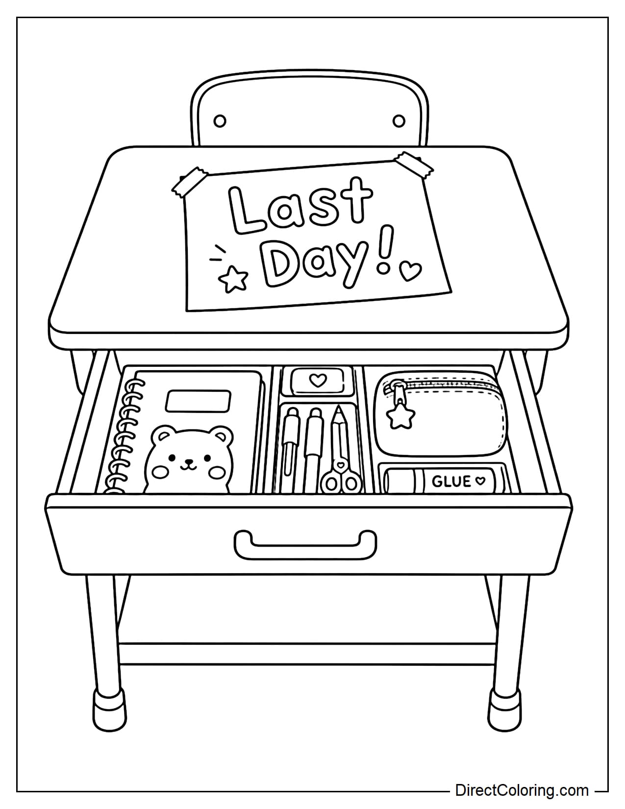 A desk with its drawers pulled out, neatly organized, and a piece of paper on top that says 