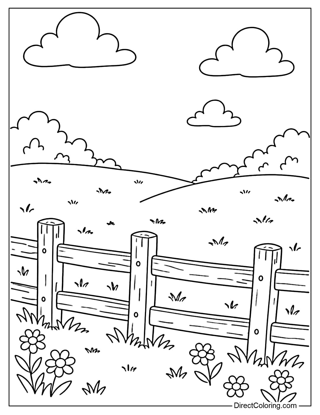 Coloring page for a large field with a simple fence.