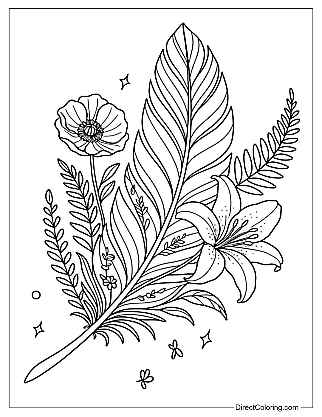 Coloring page of feathers blending with lilies, ferns and poppies.