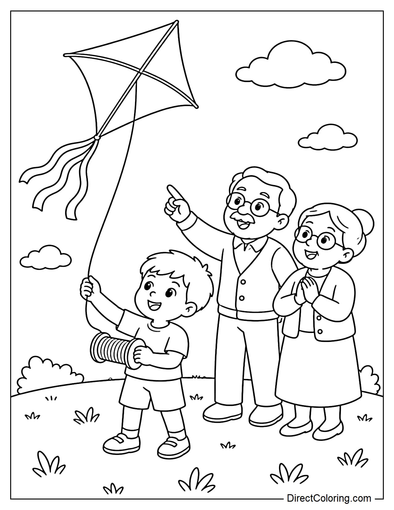 Grandparents and their grandchild fly a large kite together on a grassy field, with the child holding the string spool while the grandparents happily guide them from behind.