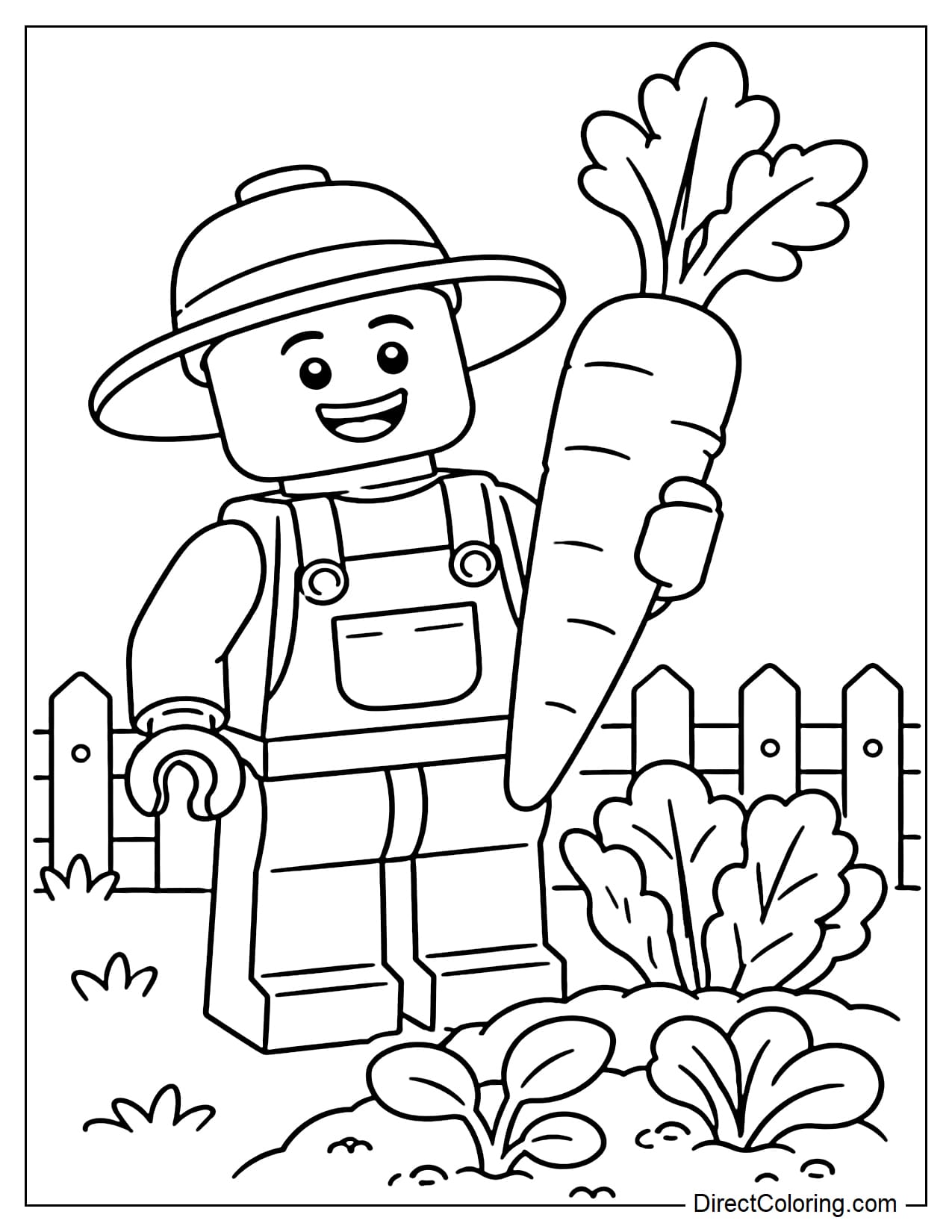 A LEGO farmer is holding a large carrot with a cheerful smile, surrounded by some vegetables and a small fence.