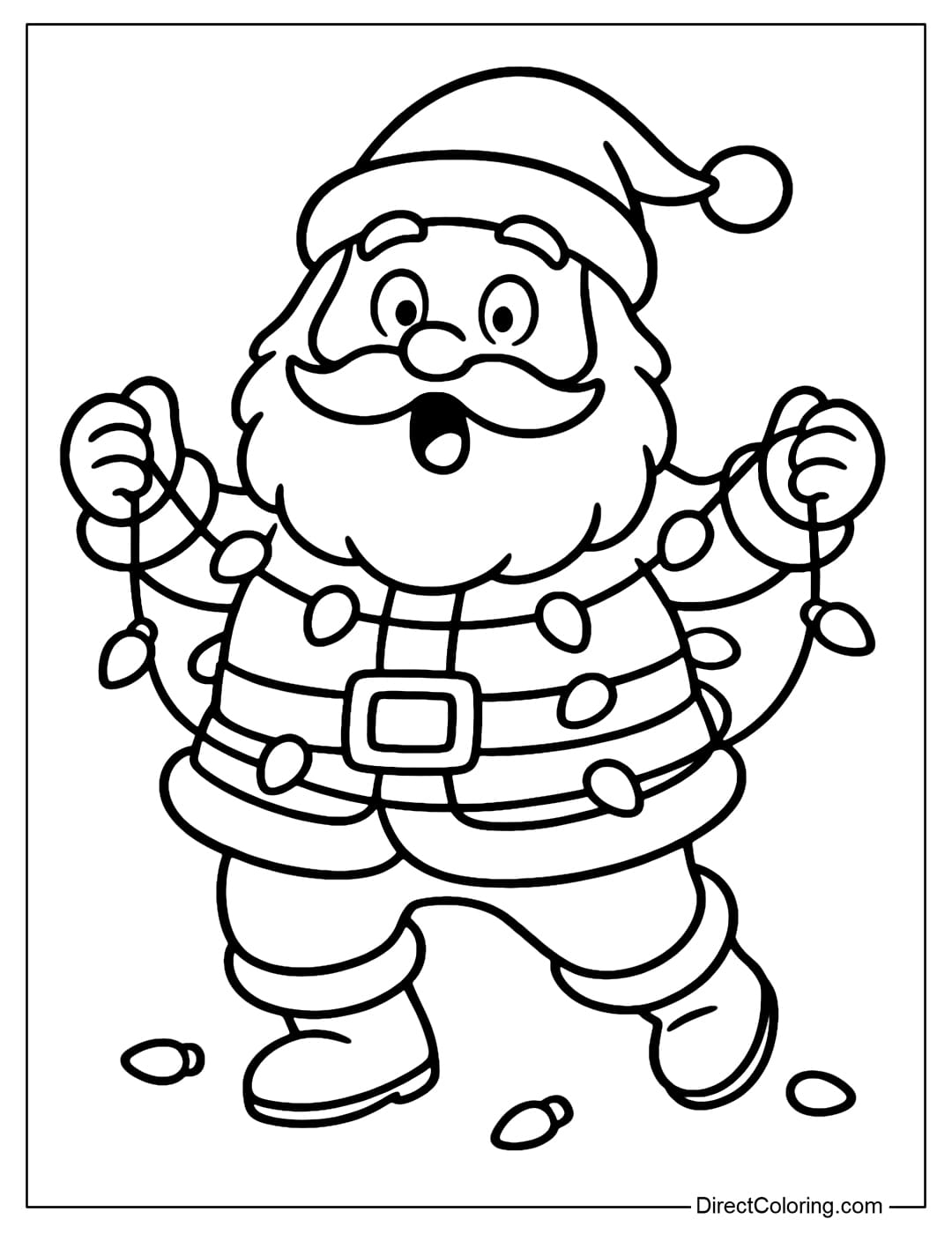 Santa Tangled in Christmas Lights Coloring Page Santa Claus coloring page wrapped around his body with Christmas lights, two hands raised in front holding the two ends of the lights.