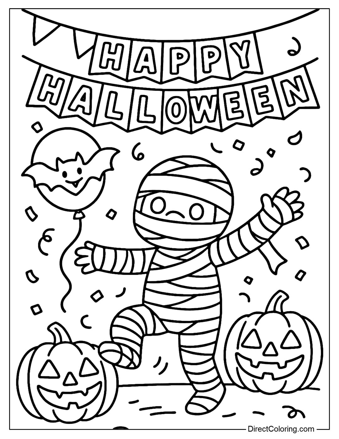 Little mummy coloring page dancing at the Halloween party, surrounded by Jack-o-lantern pumpkins, and Happy Halloween decorations.