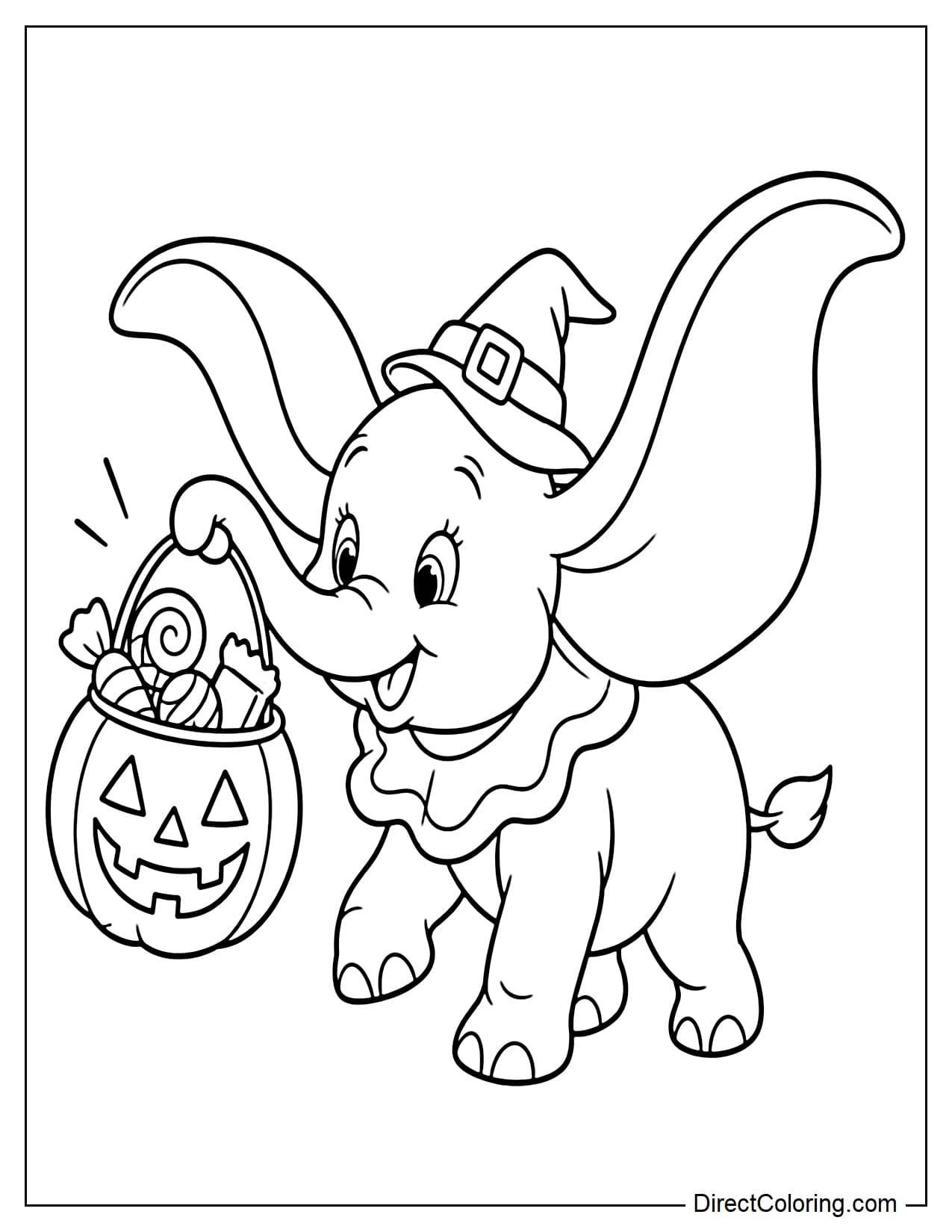Dumbo wears a small witch hat and uses his trunk to lift a pumpkin-shaped bucket filled with a few large pieces of candy.