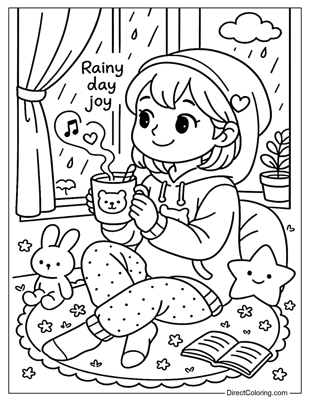 Coloring page of a little girl sitting by the window, drinking cocoa, wearing a hoodie, watching the rain fall with happy eyes.