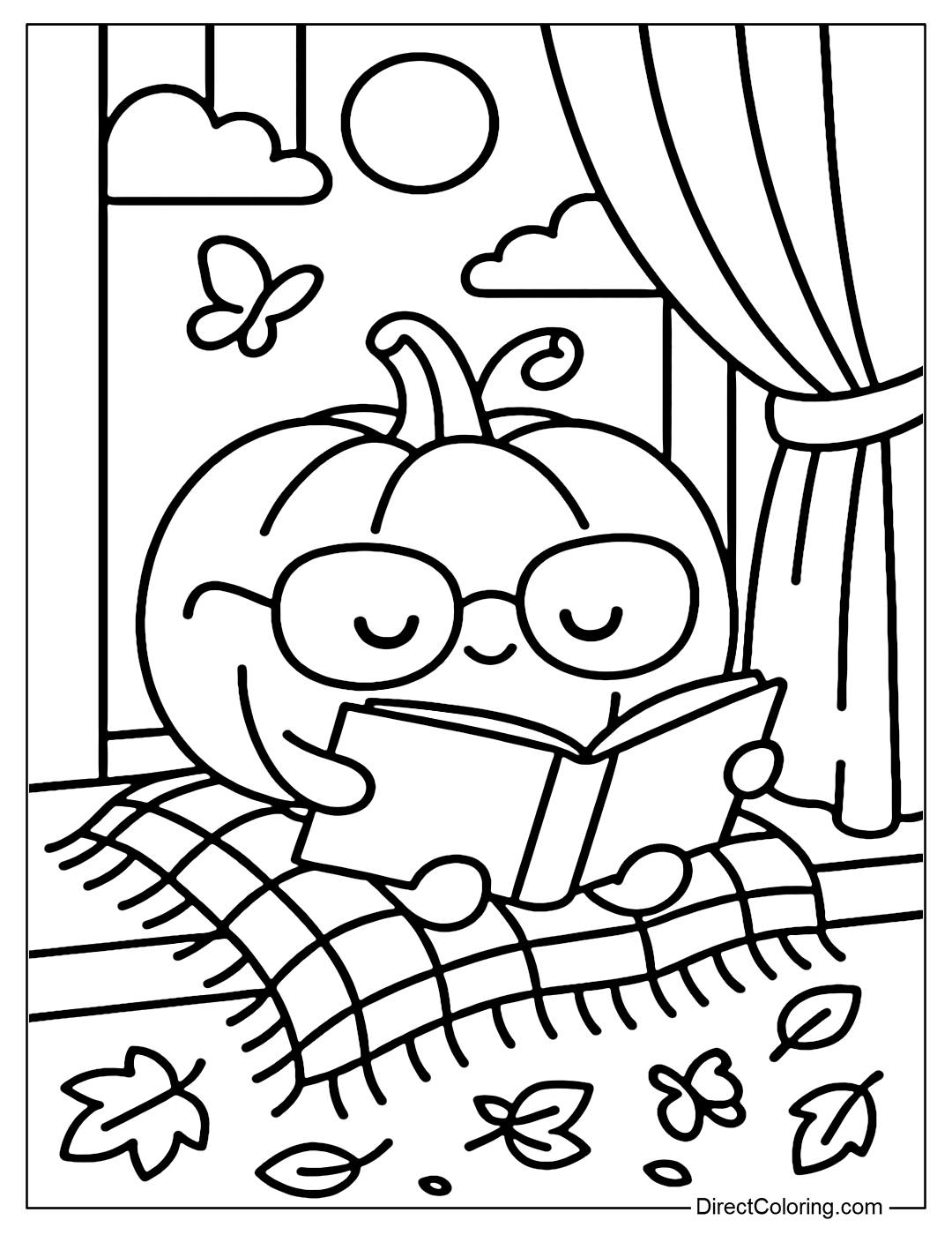 A pumpkin wearing reading glasses by the window coloring page.