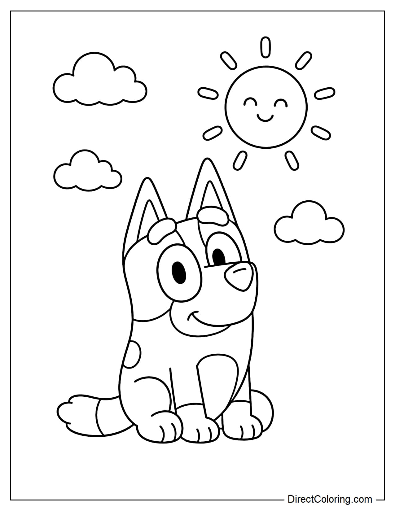 Bluey is sitting in the summer sun, in a simple pose, surrounded by a few small clouds and a cute round sun.