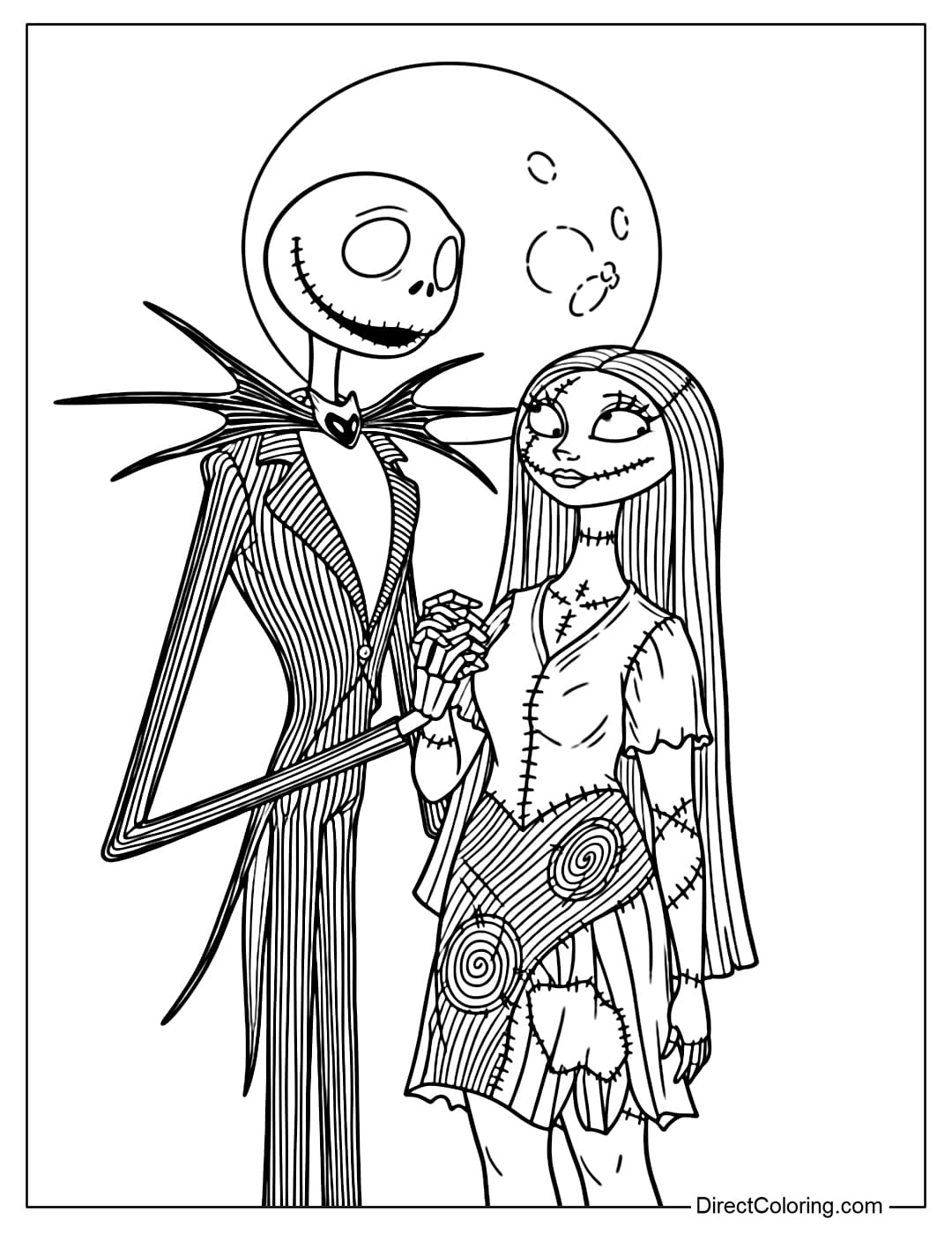 Jack and Sally color page are standing next to each other under the moonlight, their expressions are romantic and warm.
