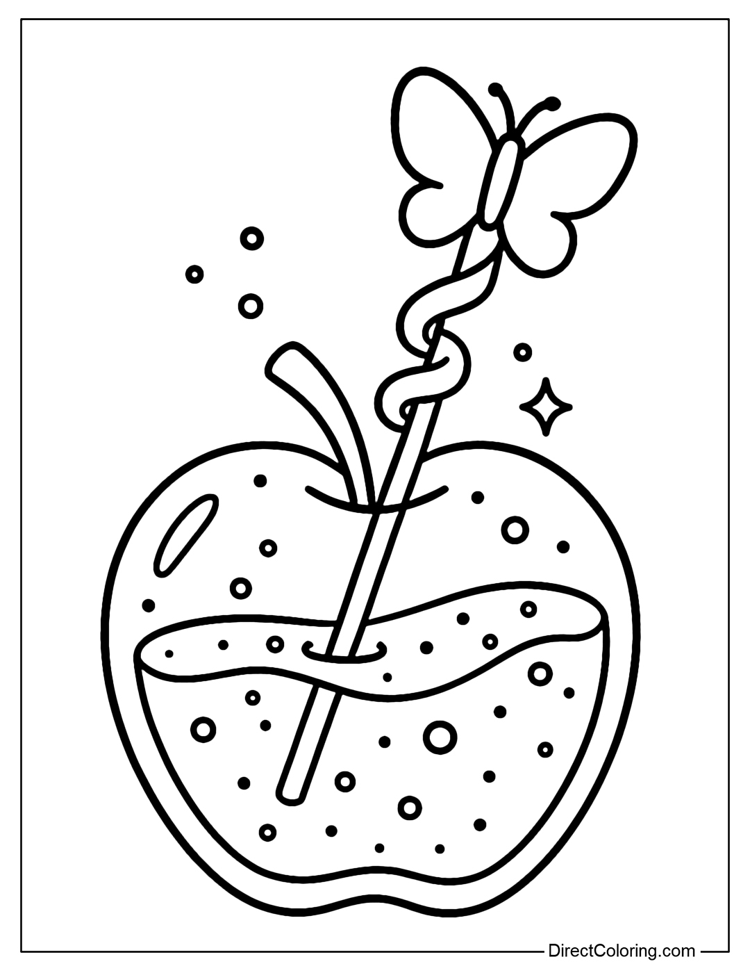 A red apple coloring page with shiny sweet juice, a straw stuck through a small round hole, and white spots around it.