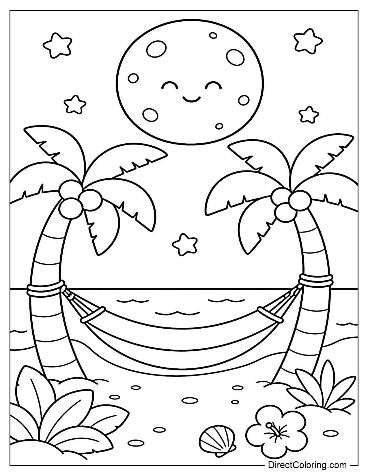 A hammock swaying between two coconut trees on the beach at night, with a large moon and a few stars in the background.