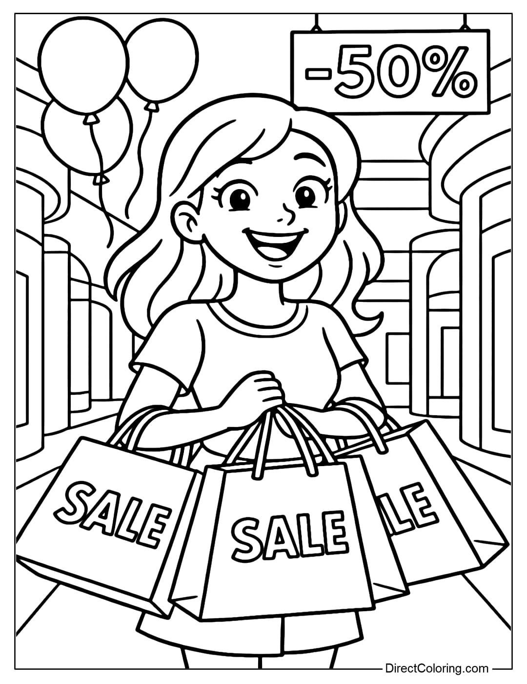 A coloring page of a young girl smiling brightly, holding many shopping bags with the word SALE written on it, standing in the middle of a shopping mall.