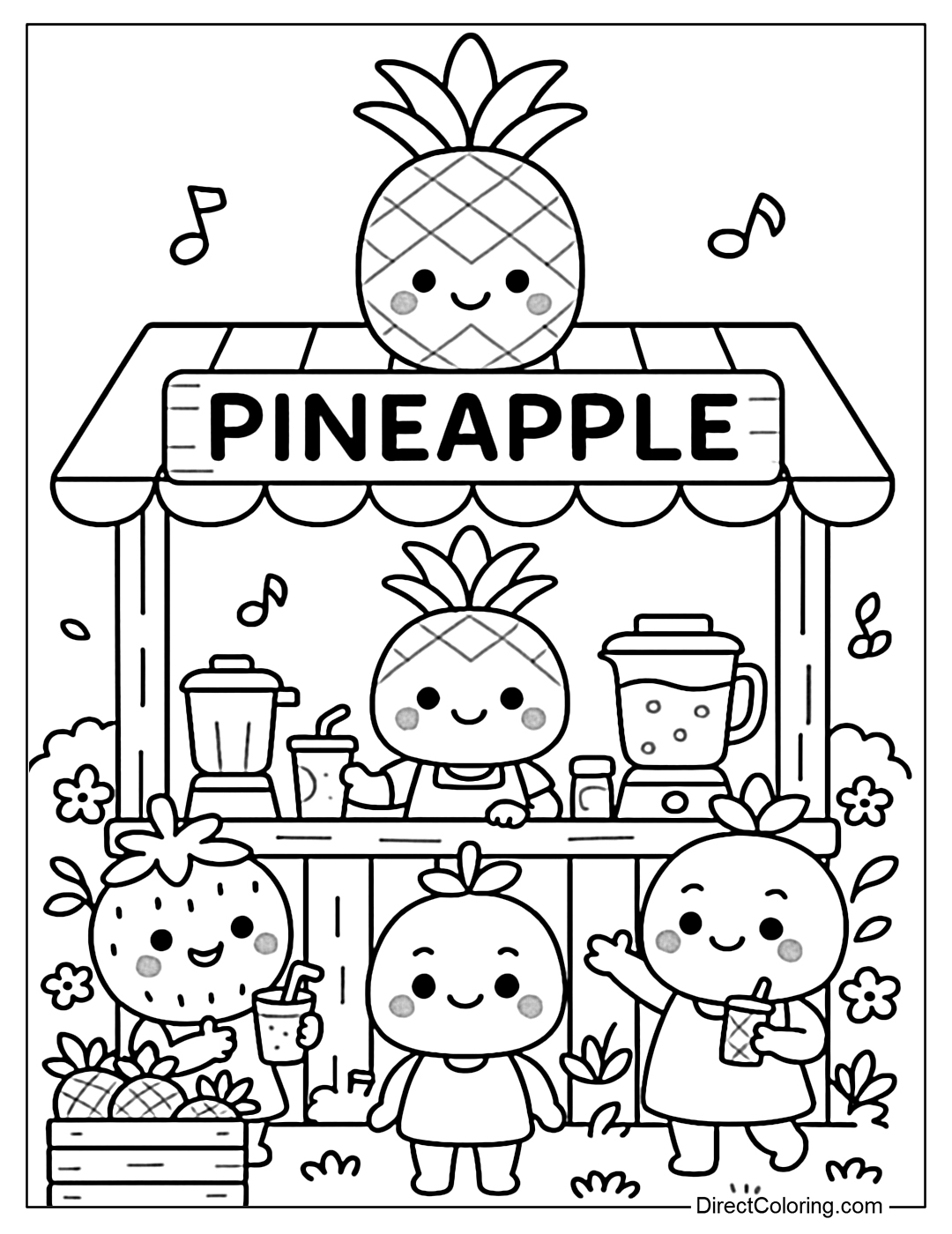 Pineapple juice stand coloring page run by fruit kids.