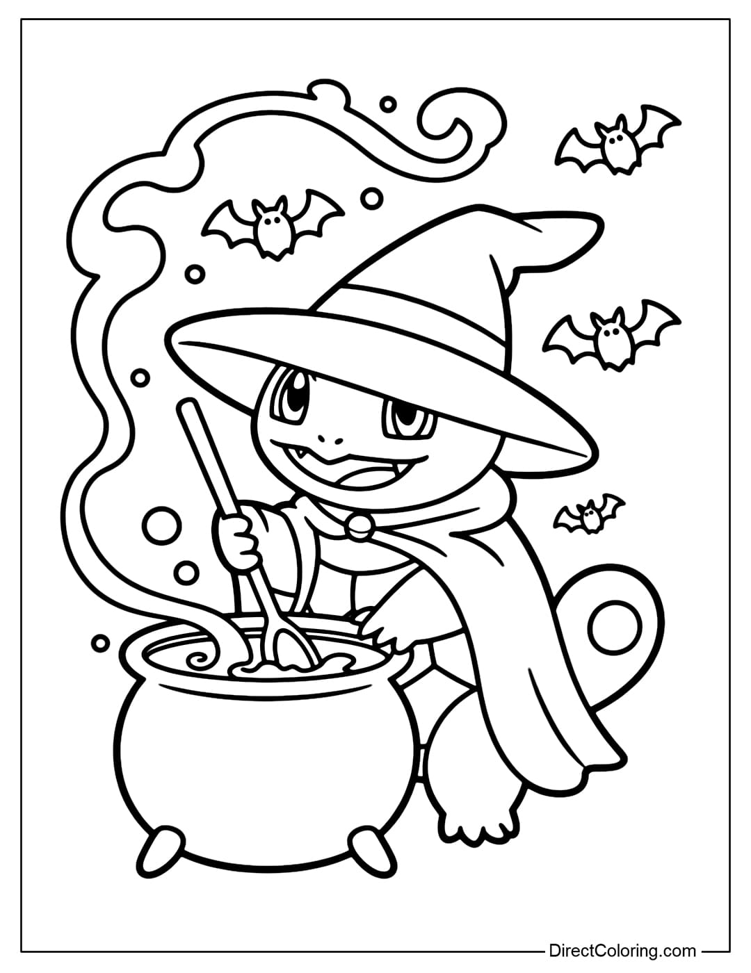 Squirtle coloring page as a little witch stirring a potion for Halloween.