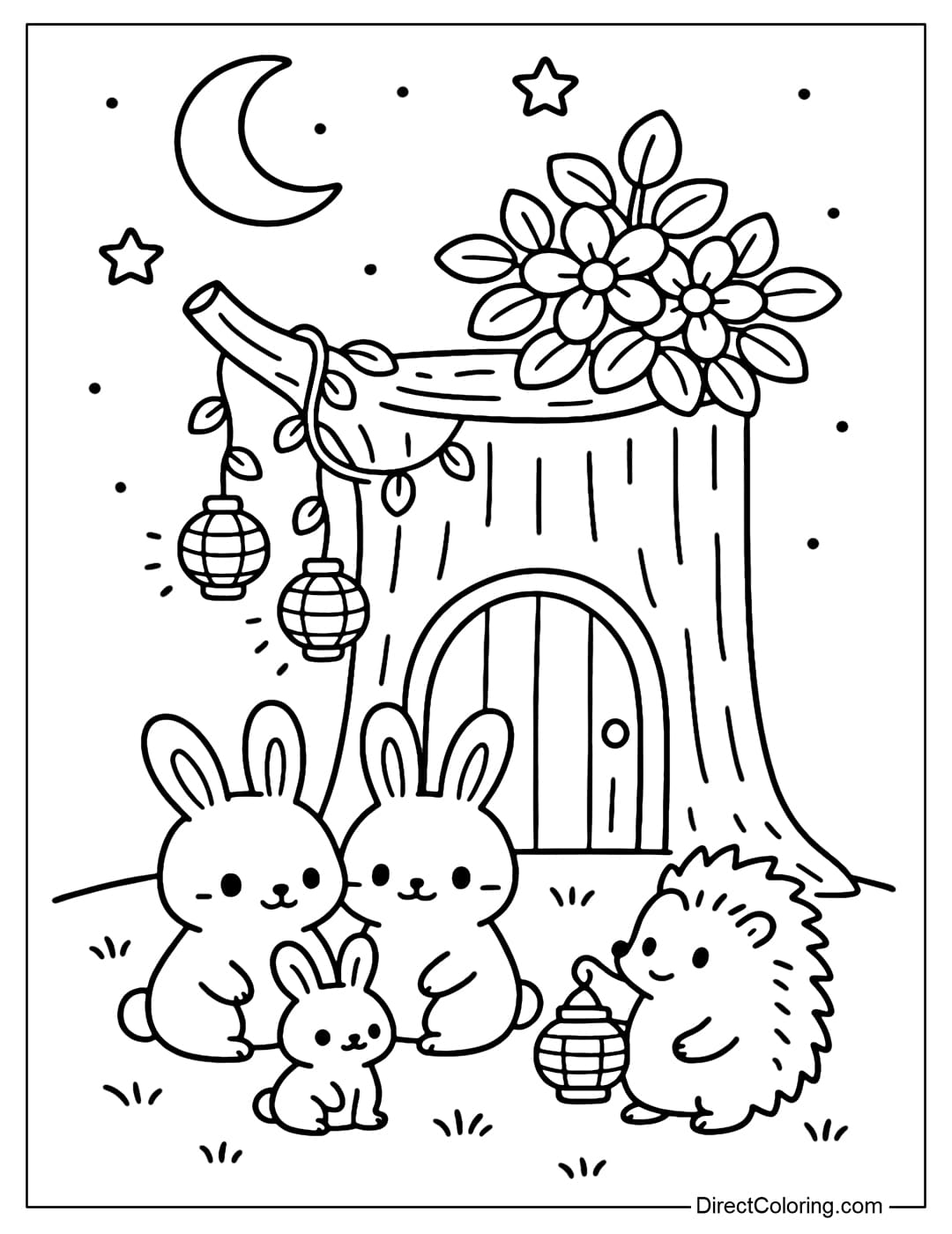Tree Stump with Lanterns Coloring Page A tree stump coloring page at night, with small lanterns. A family of rabbits sitting in front of the door, a baby hedgehog holding a paper lantern.