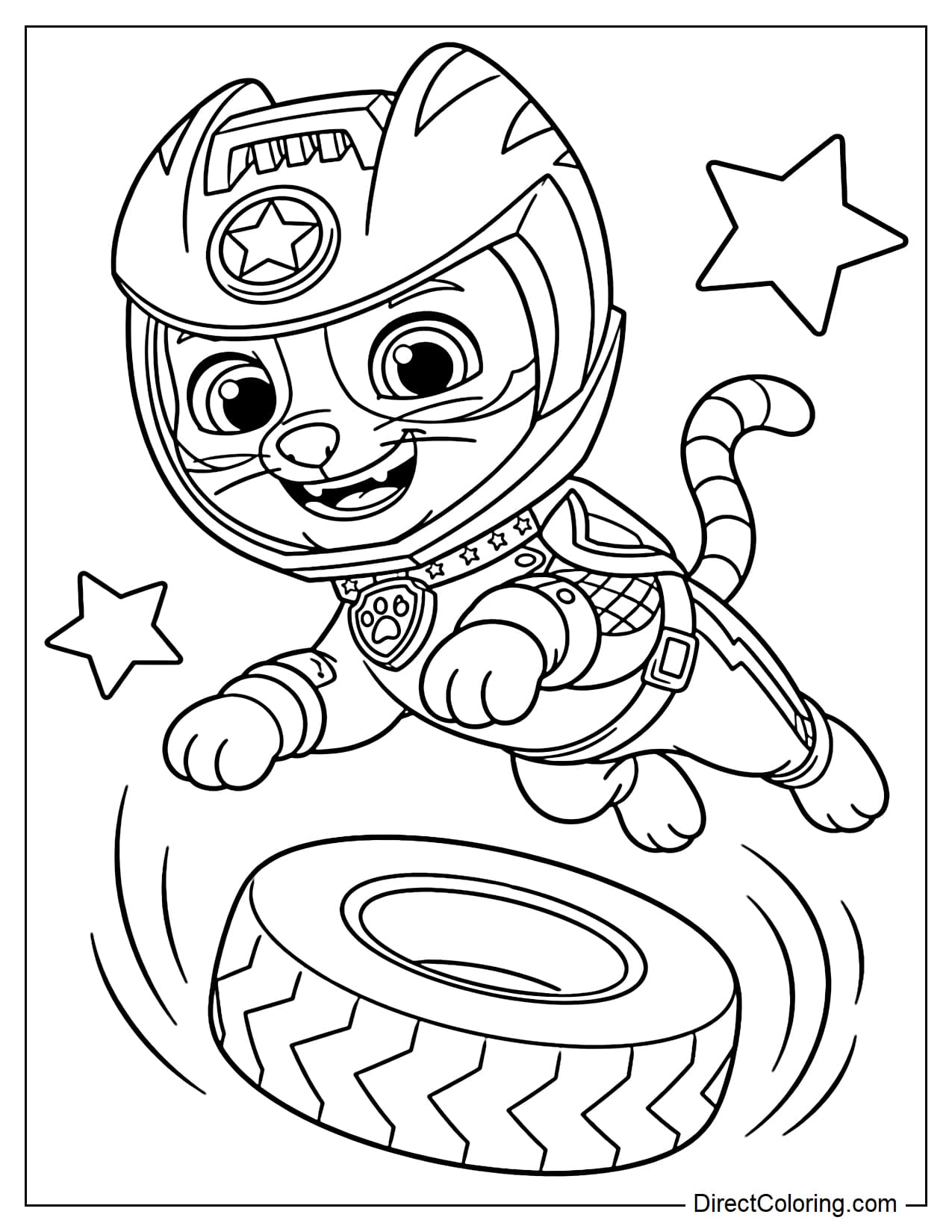 Wild Cat confidently leaps over a large tire, with curved motion lines and a large star below.