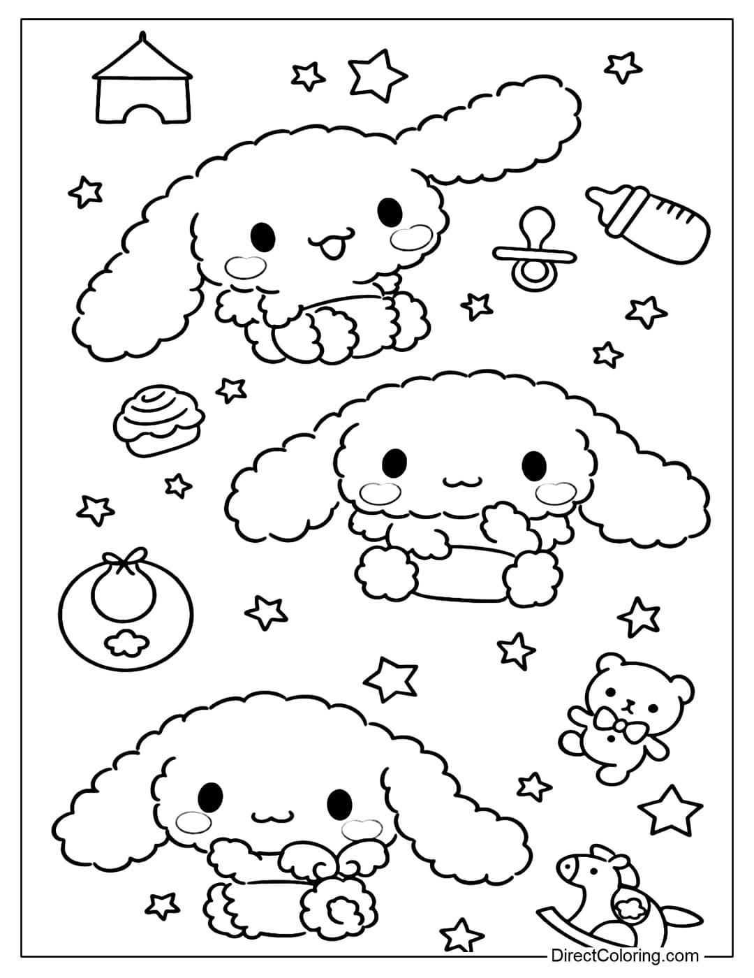 A coloring page of three cute baby Cinnamorolls, surrounded by stars, a baby bottle, a pacifier, a cupcake, a teddy bear, and a rocking horse.