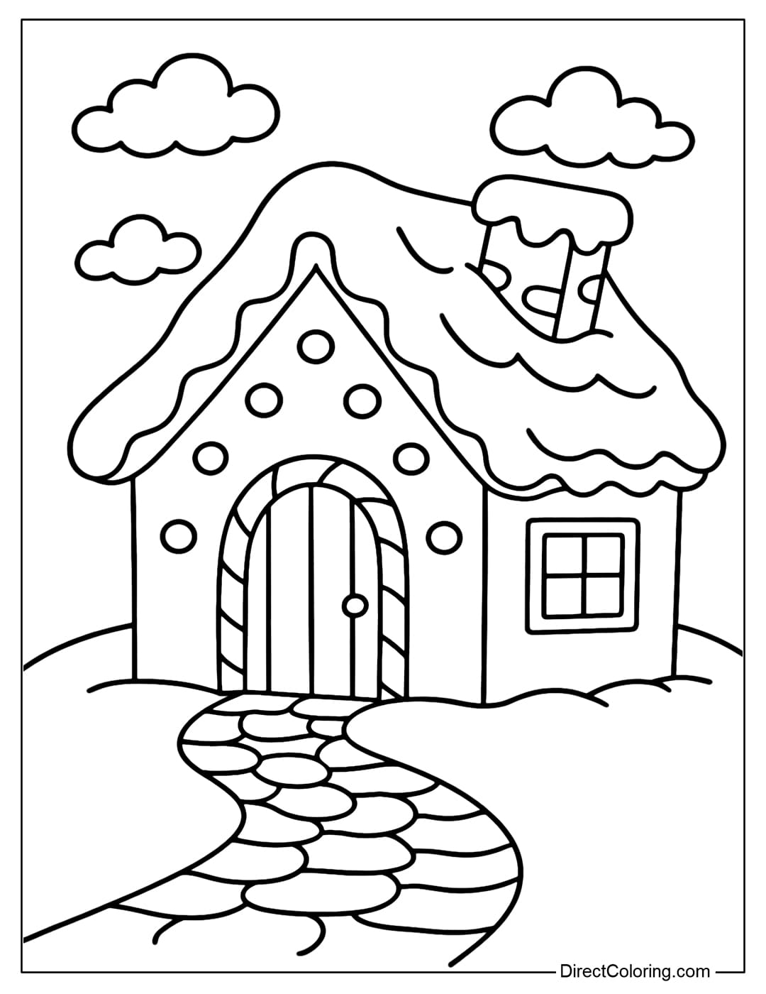 A gingerbread house coloring page with a thick snowy roof, a slanted chimney covered in icing.