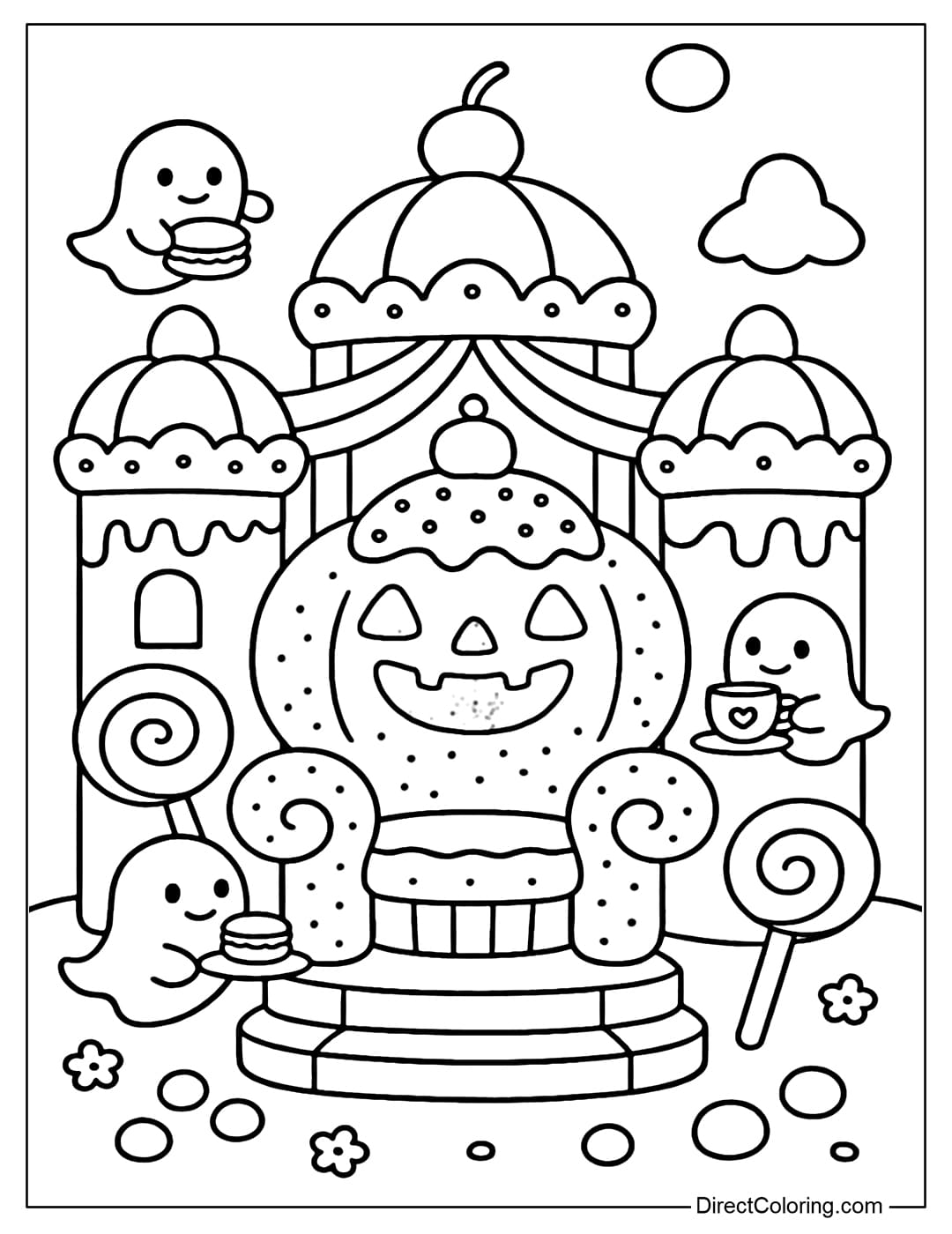 Coloring page of a sugar-coated pumpkin palace, a dome made of caramel and fruit jelly, a little ghost flying around.