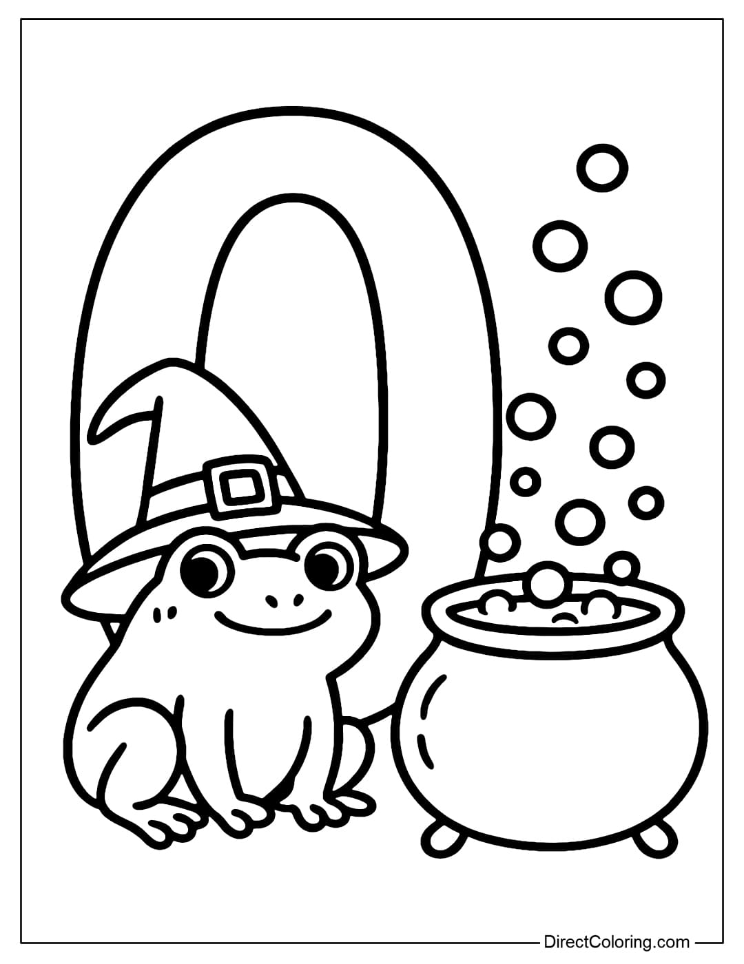 Halloween number 0 coloring page has a witch frog wearing a hat sitting right on the curve of the number, next to it is a pot of bubbling potion.