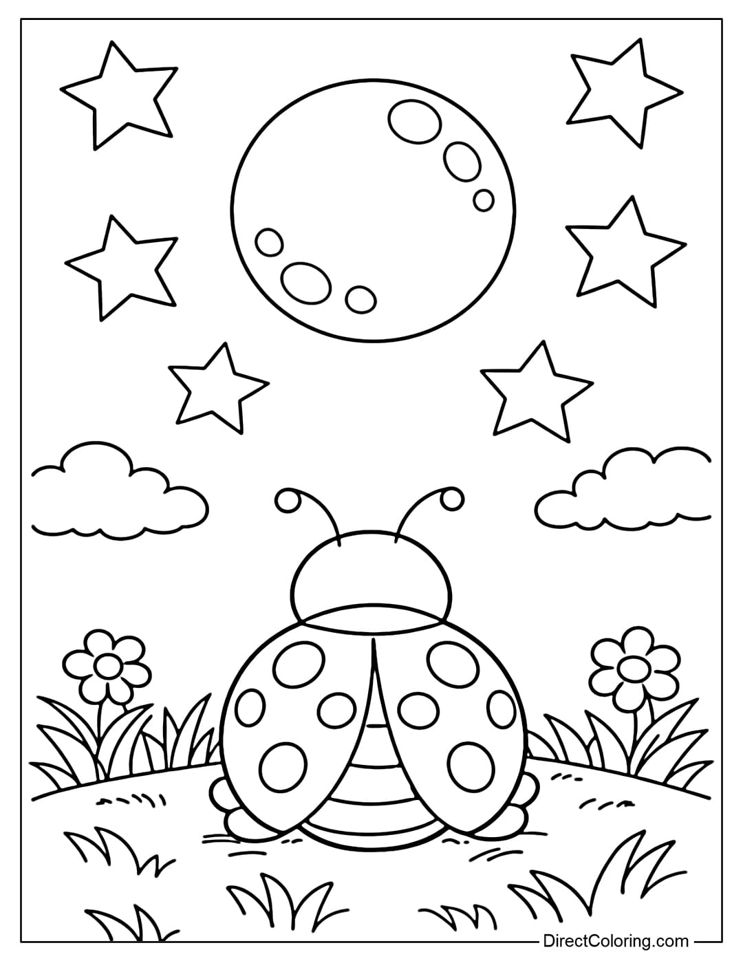 A coloring page of a ladybug looking up at the night sky with stars and the moon.