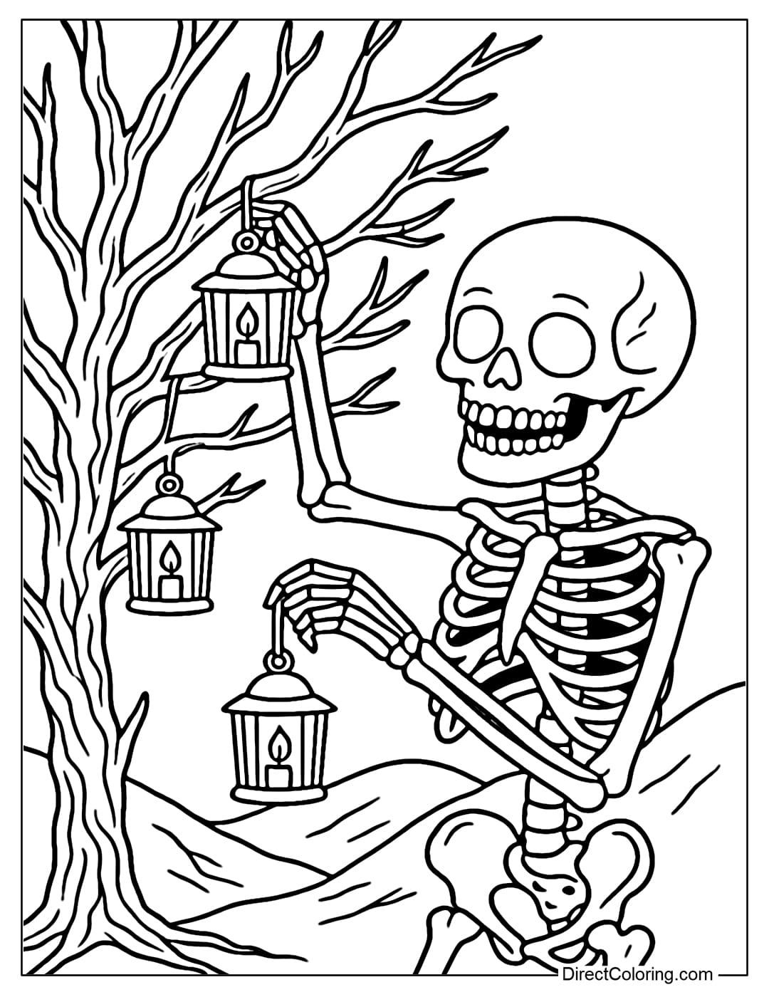 Coloring page of a skeleton hanging small lanterns around a dry tree, a radiant face in a warm setting.
