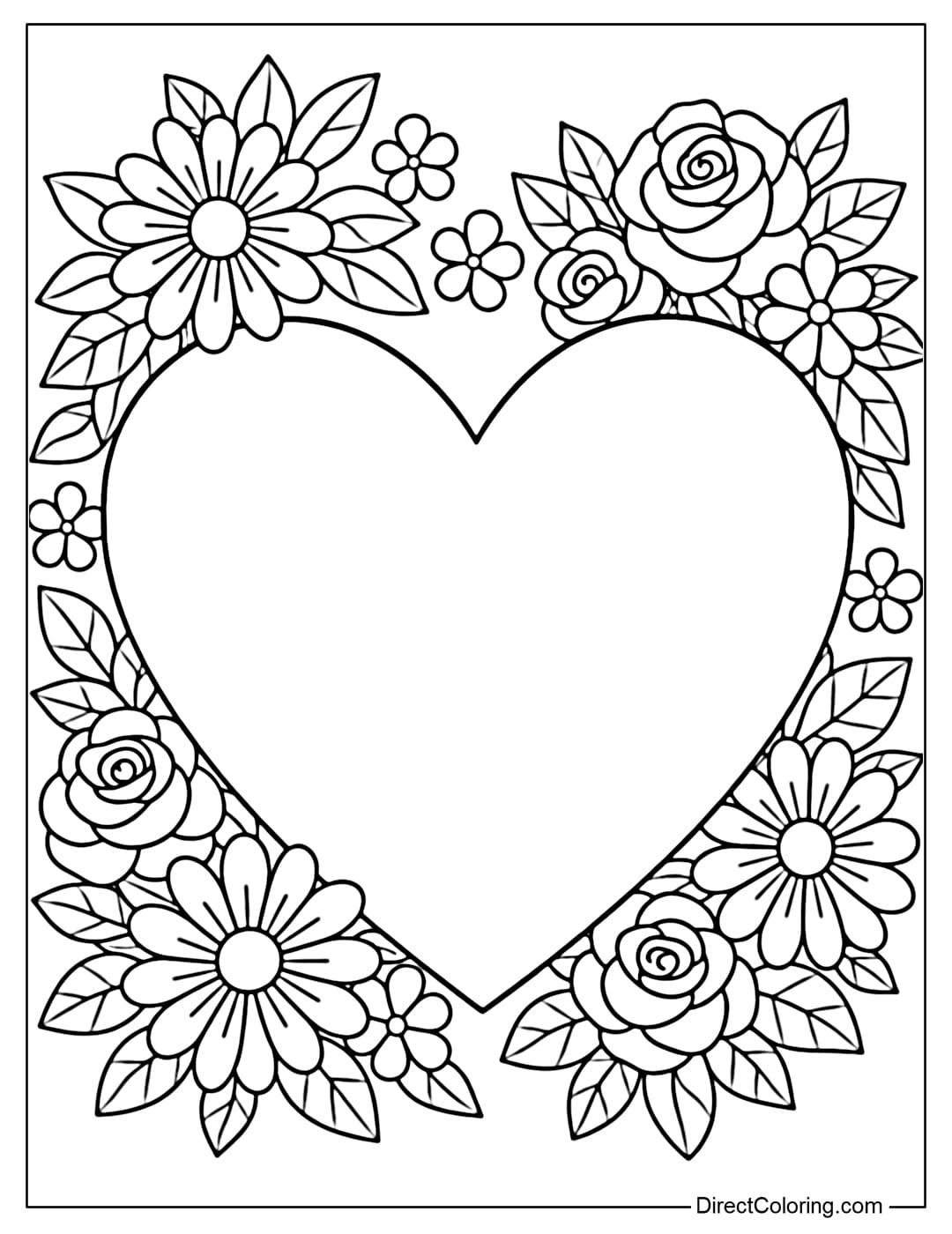 A coloring page of a large heart, decorated with small daisies and roses interspersed with leaves.