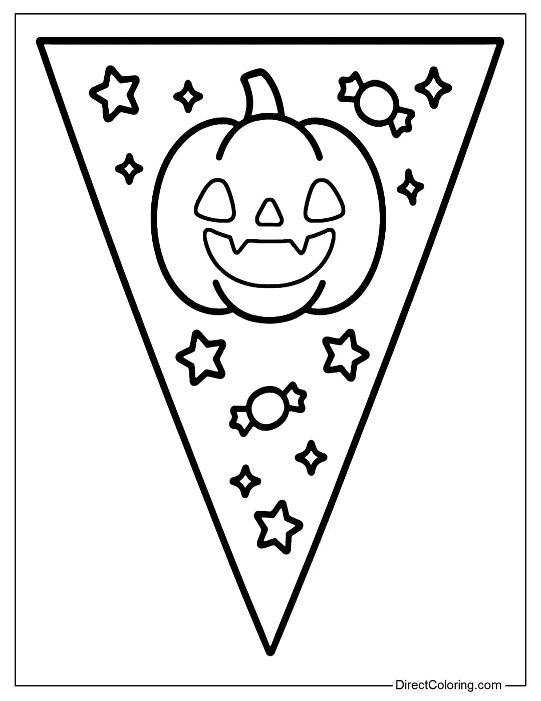 A triangle Halloween flag coloring page, with a mischievous Jack-o'-Lantern pumpkin in the middle, and stars and candy around the flag.