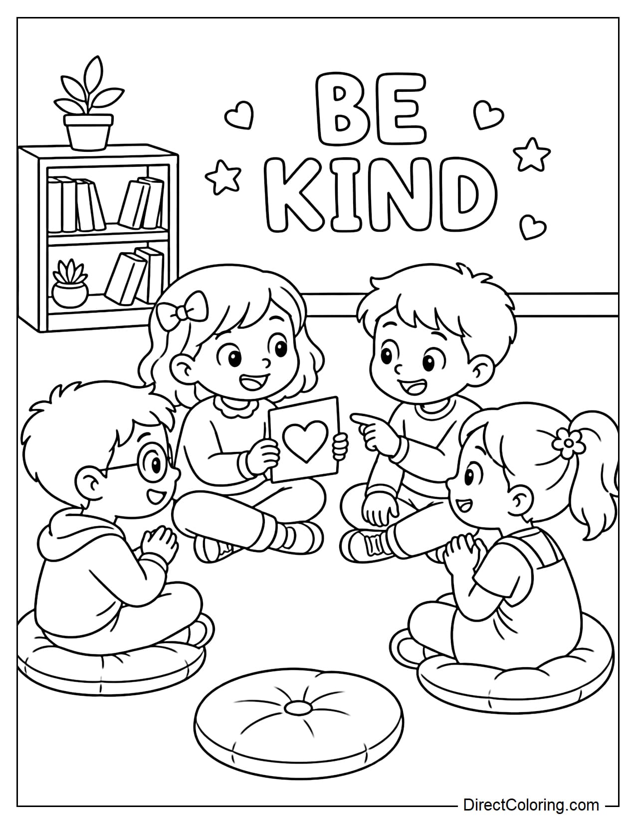 Four students sit in a small circle in the classroom and exchange a card with a heart shape, representing friendship, kindness, and the ability to share emotions. Behind them is the inscription 