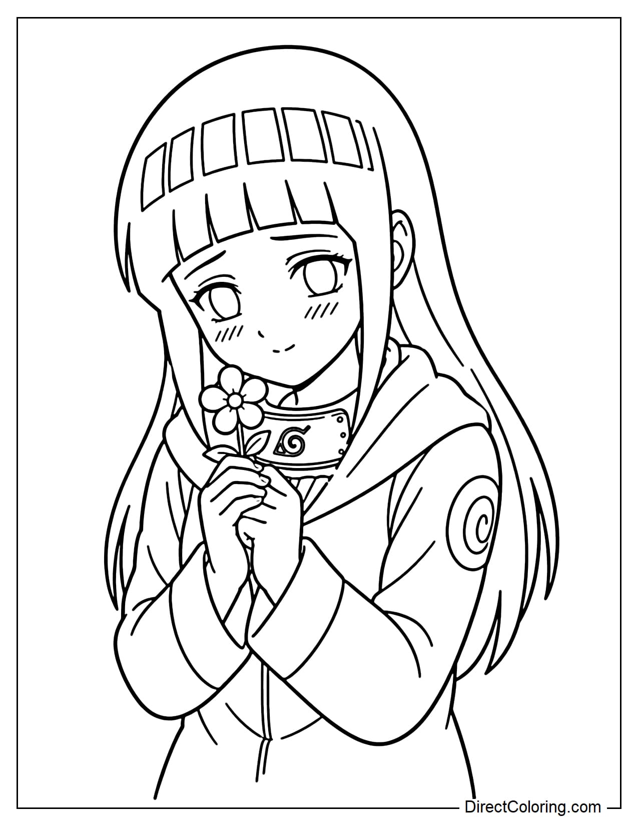 Hinata Hyuga holds a small flower with a shy expression, with a few leaves underneath.