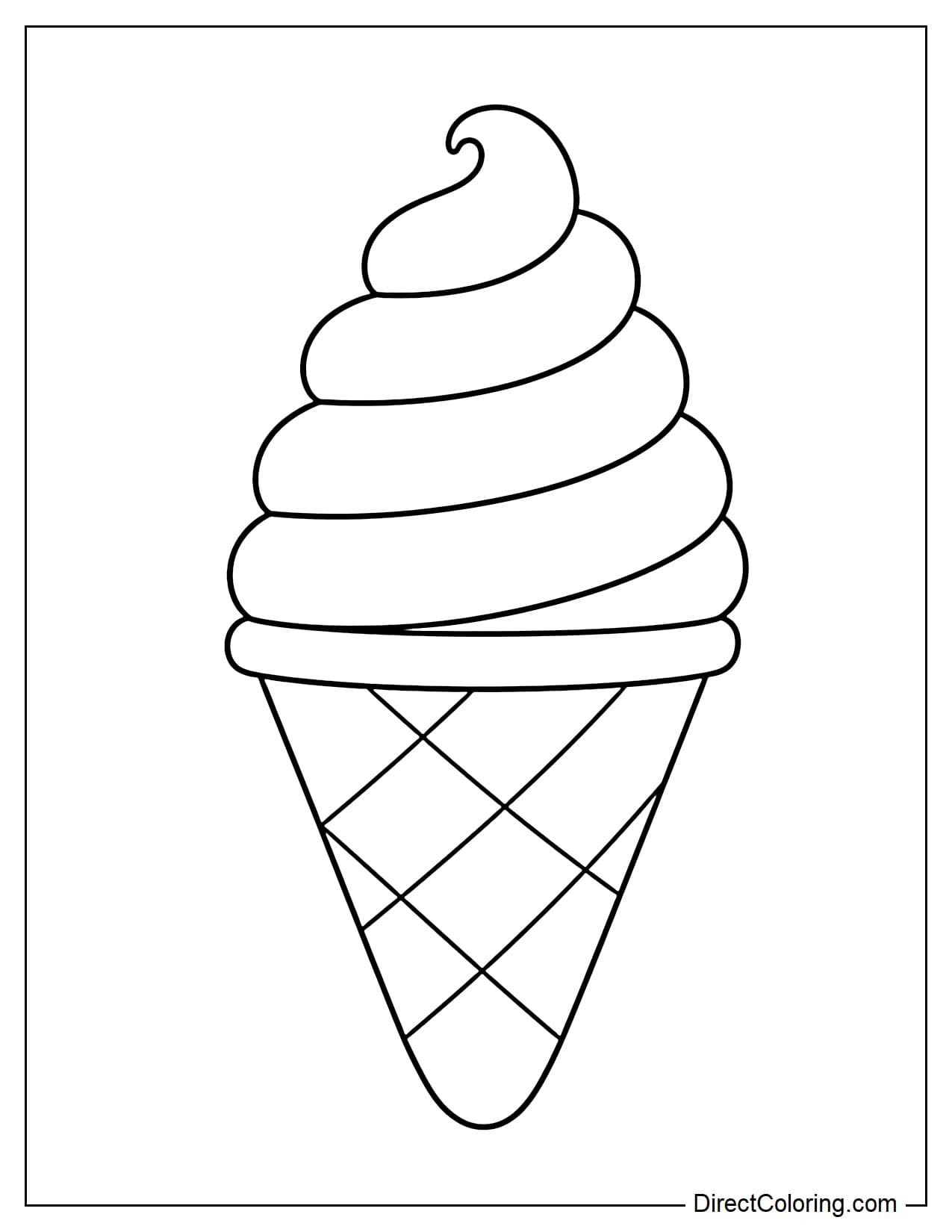 A large ice cream cone, with the ice cream drawn in a simple spiral shape, and the cone itself has a few diagonal lines.