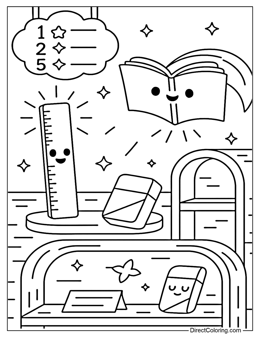 Fairy tale school supplies shop coloring page: glowing ruler, color changing eraser, flying notebook, curved wooden shelf background, cloud price list.