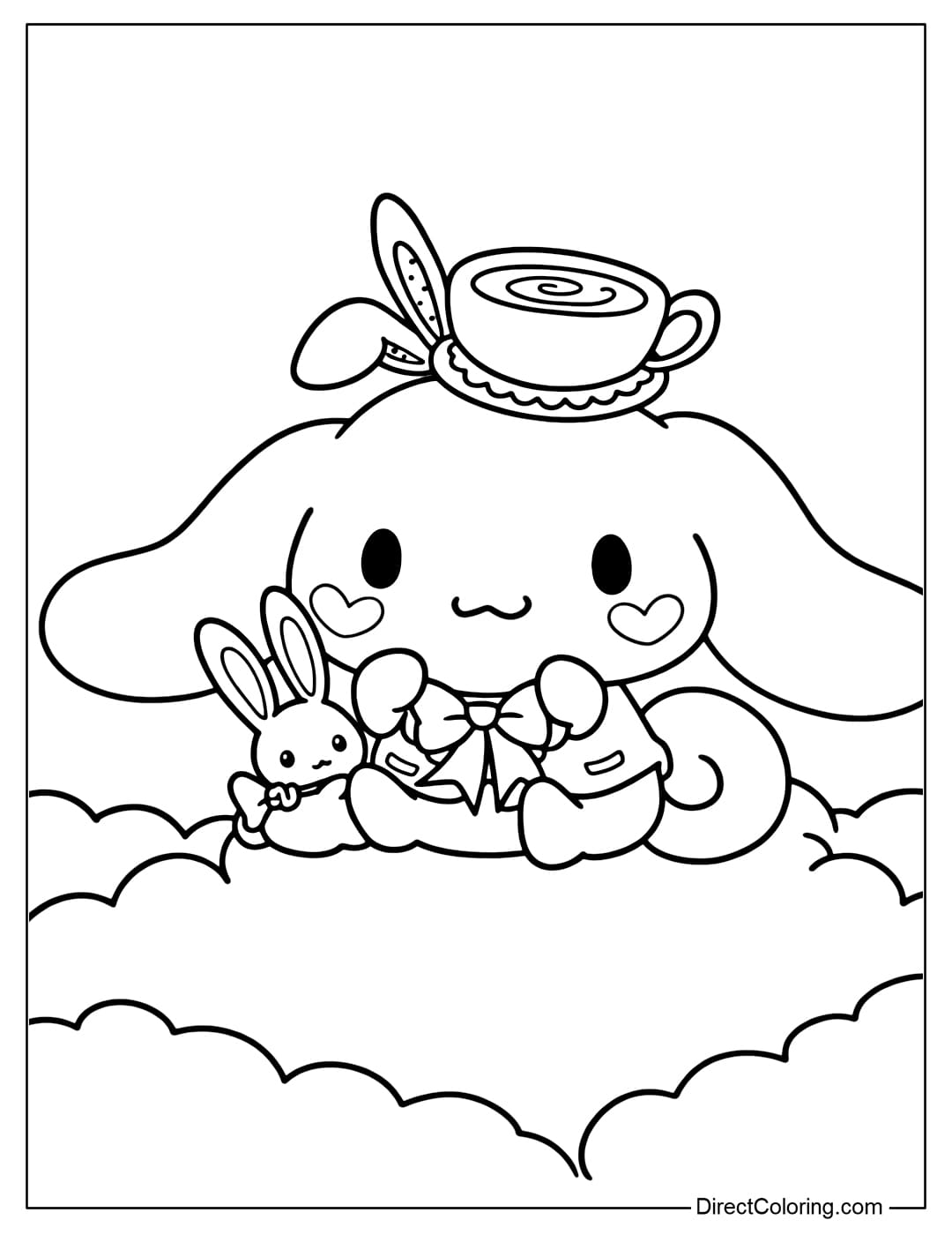 A coloring page of Cinnamoroll balancing a small teacup on her head, relaxing on fluffy clouds, with a stuffed bunny friend beside her.